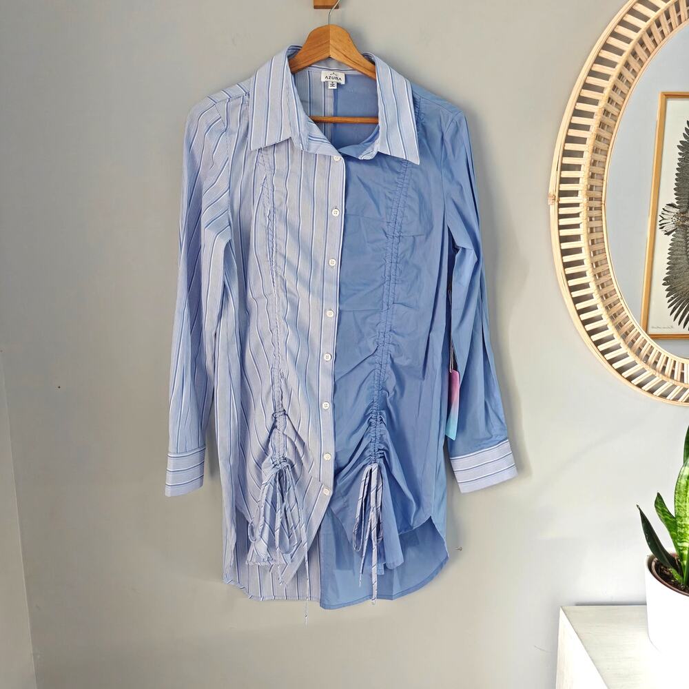 AZURA Striped Button Up Tunic Shirt Blue Ruched Long-Sleeve Asymmetric S NWT